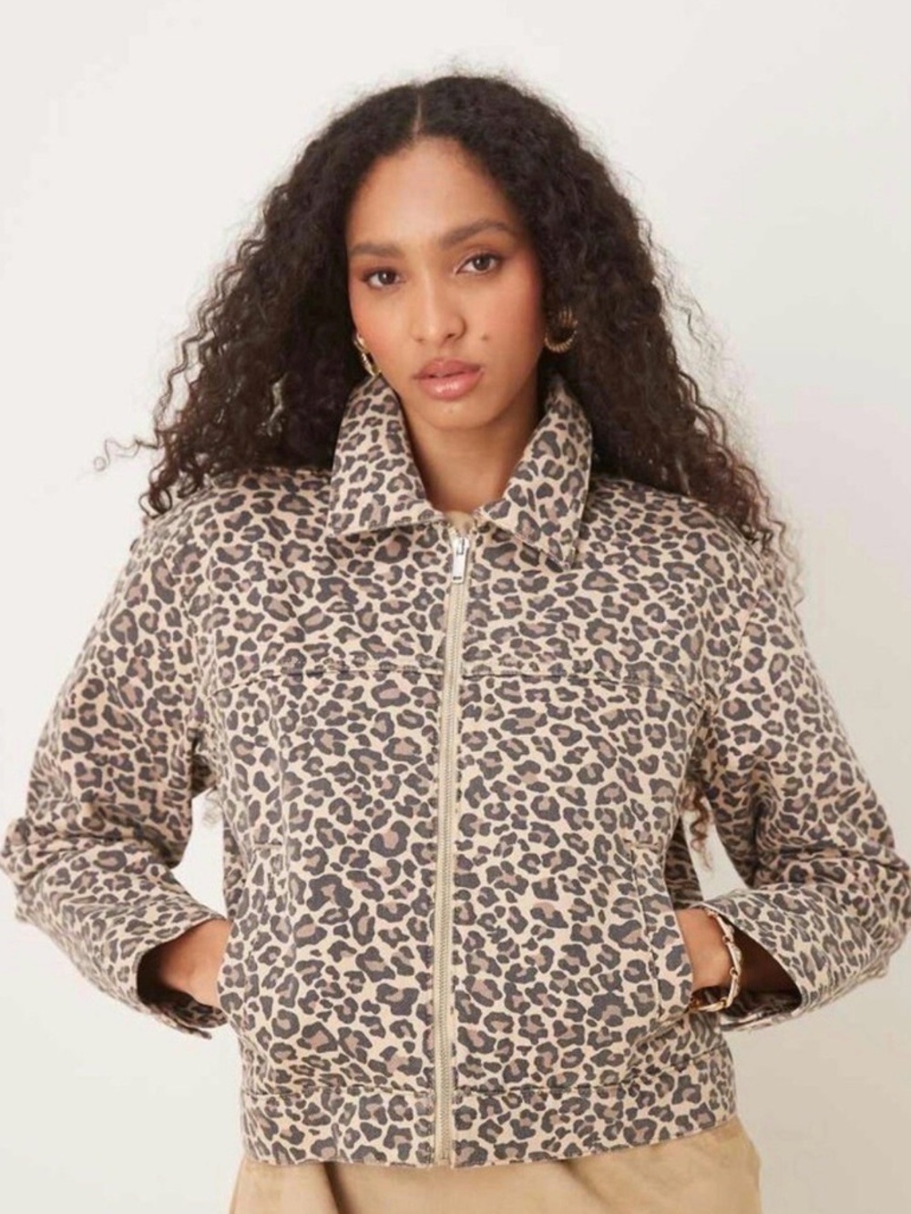 Abercrombie & Fitch Leopard Print Bomber Jacket in Beige and Black